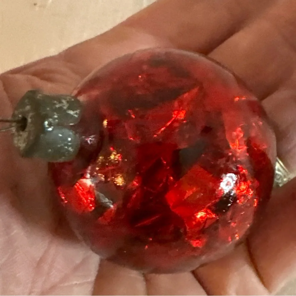 VINTAGE UNSILVERED RED TINSEL GLASS ORNAMENT USSR